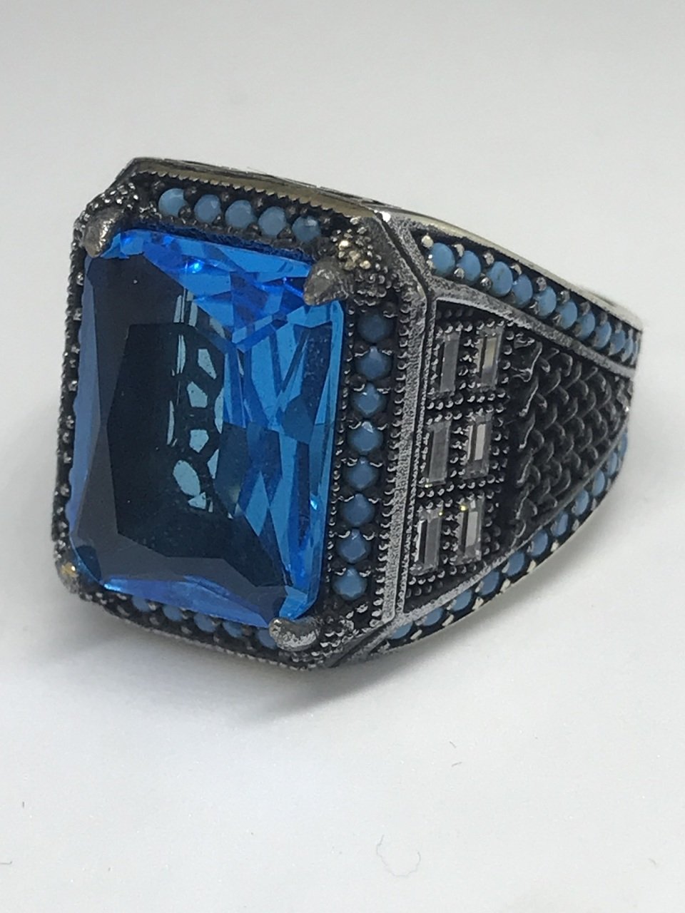 925 Ayar Gümüş Aqua Marin  Taşlı Erkek Yüzük 13 cm