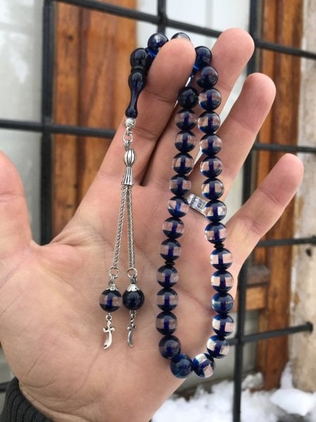 Mavi Sürmeli Model Çift Püsküllü Toz Kehribar Tesbih