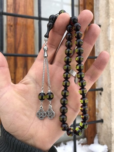 Yeşil Sürmeli Model Çift Püsküllü Toz Kehribar Tesbih