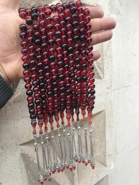 Kırmızı Renk Küre Model Çift Püsküllü Toz Kehribar Tesbih