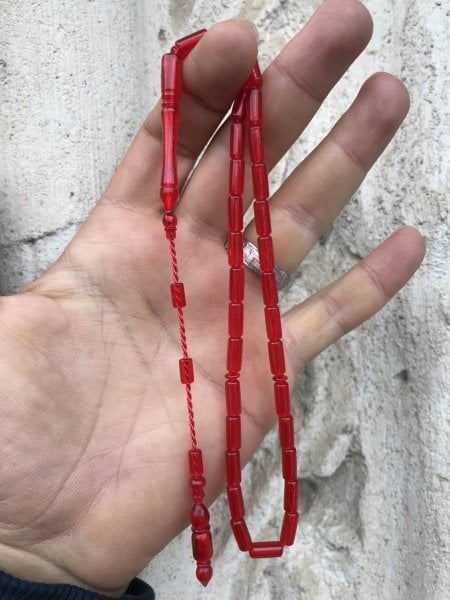 Kesme Model Kırmızı Renk  Toz Kehribar Tesbih