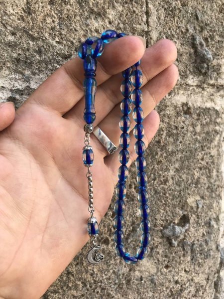Sürmeli Model Mavi Renk Beyzi Kesim Toz Kehribar Tesbih