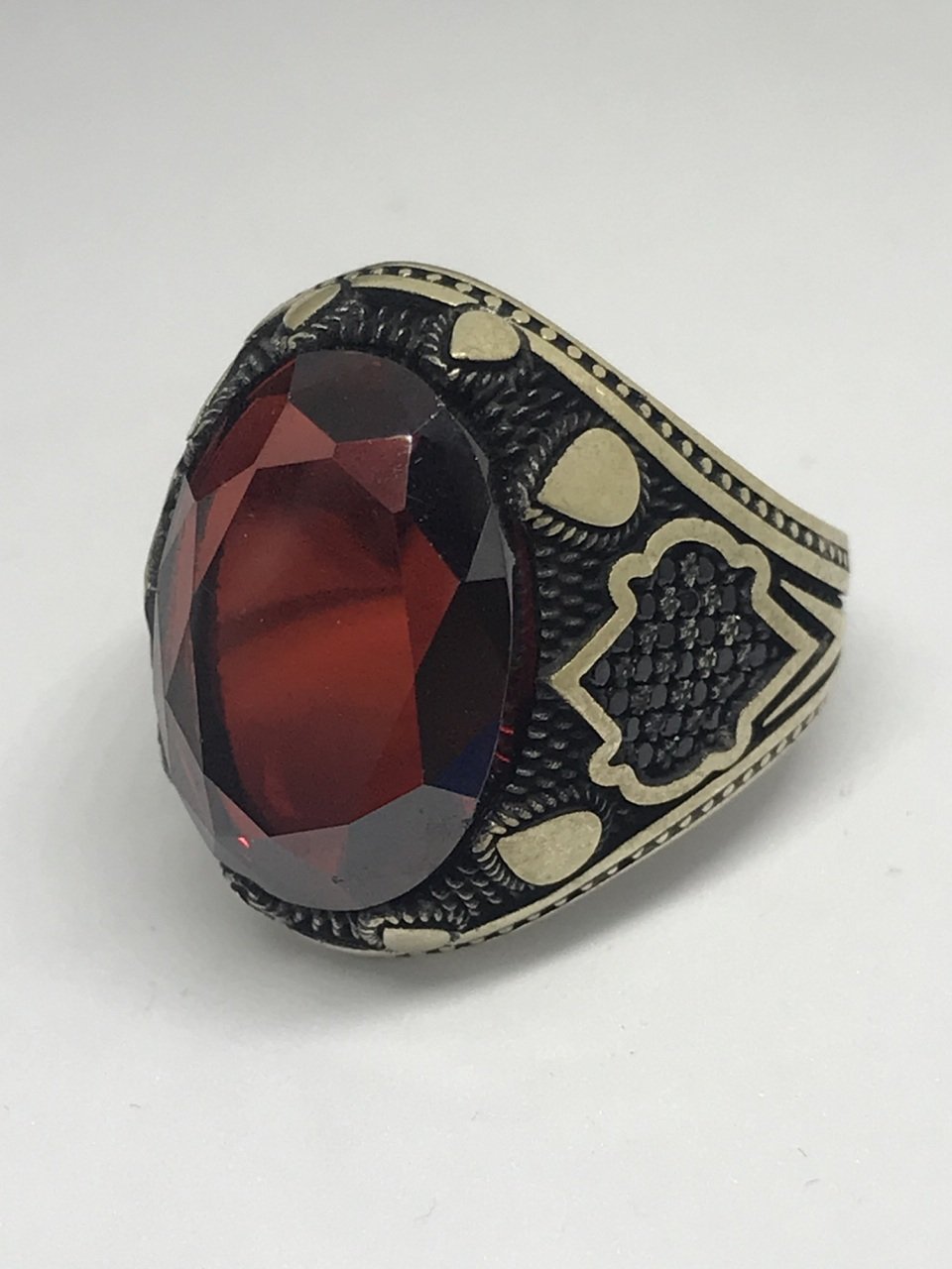 925 Ayar Gümüş Kök Yakut Taşlı Erkek Yüzük 13 cm