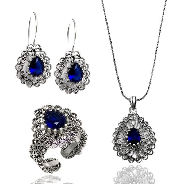 Safir Taşlı Damla Model Telkari Üçlü Set