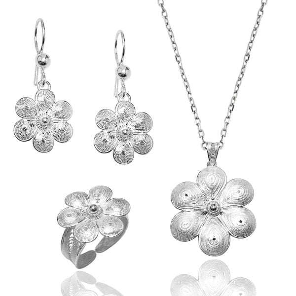 Telkari İşçilikli Papatya Model 925 Ayar Saf Gümüş Bayan Üçlü Set