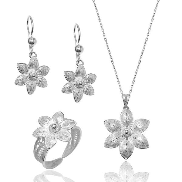 Telkari İşçilikli Çiçek Model 925 Ayar Saf Gümüş Bayan Üçlü Set