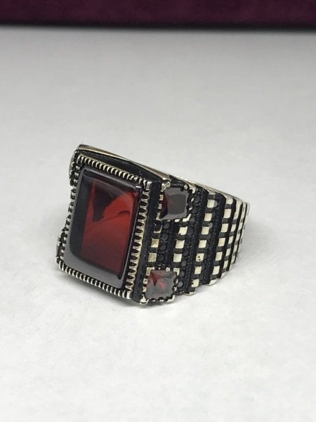 925 Ayar Gümüş Kök Yakut Taşlı Markazit İşleme  Erkek Yüzük ST13