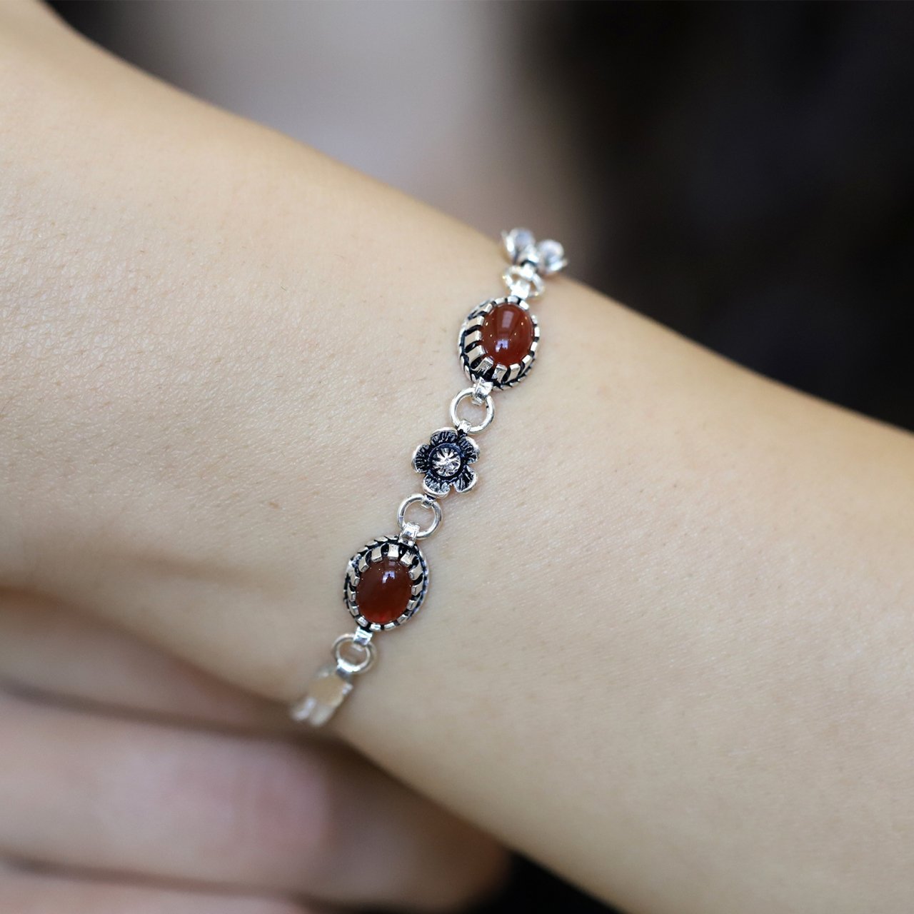 Akik Taşlı 925 Ayar Hasır Model Gümüş Bayan Bileklik