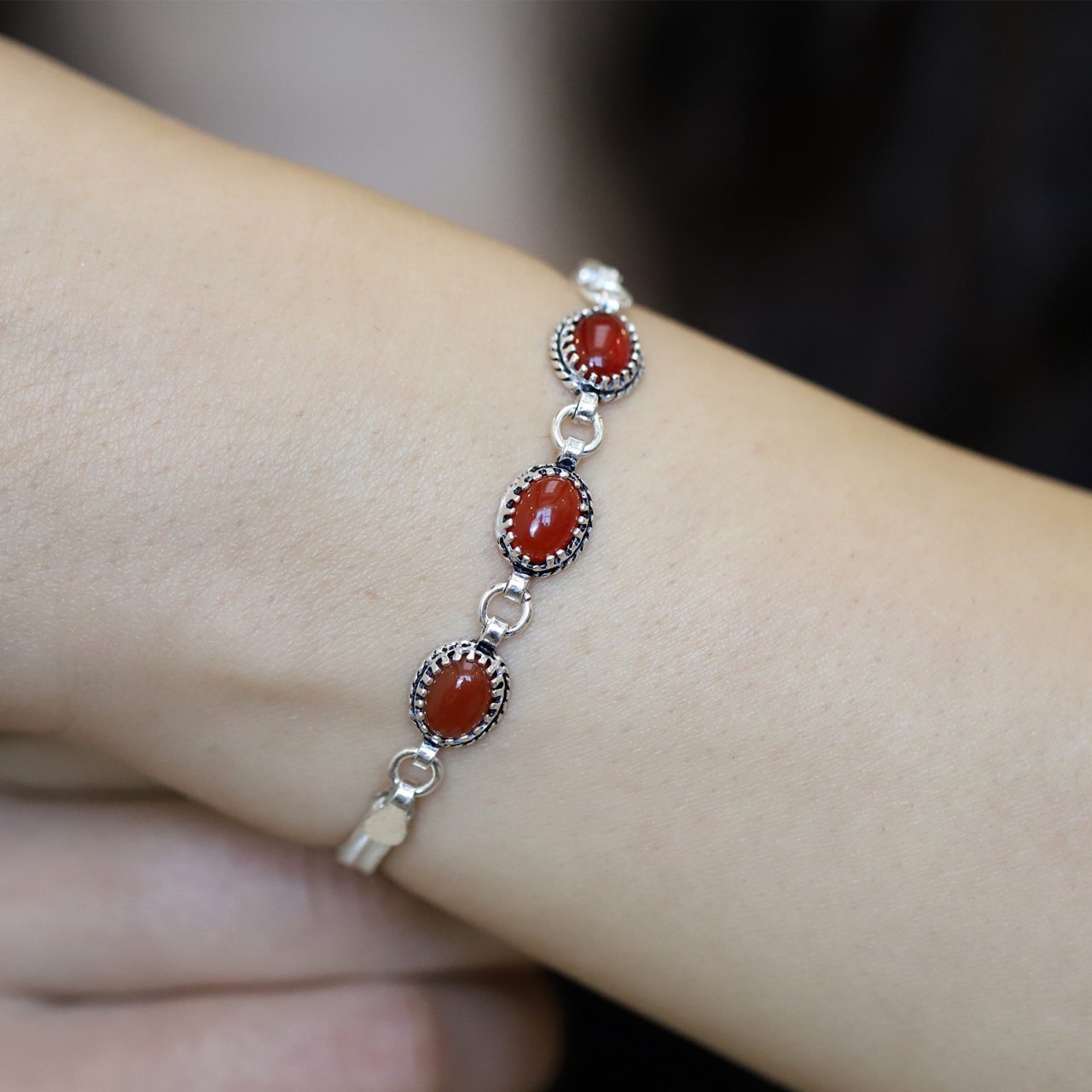 Akik Taşlı 925 Ayar Hasır Model Gümüş Bayan Bileklik