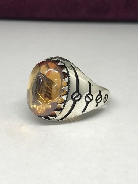 925 Ayar Gümüş Kalem İşçilikli  Sitrin Taşlı Erkek Yüzük ST10
