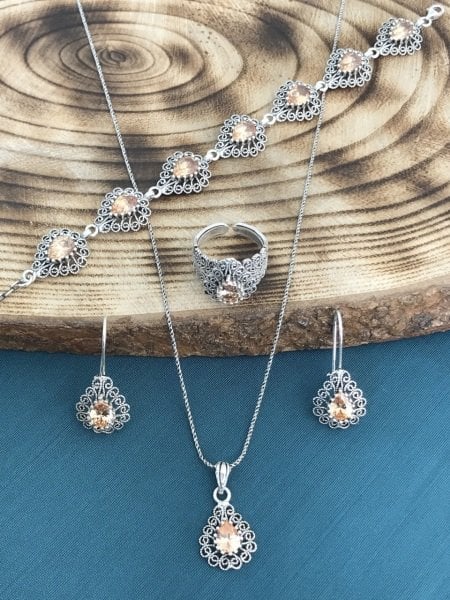 925 Ayar Gümüş Telkâri İşçilikli Sitrin Taşlı Dörtlü Set