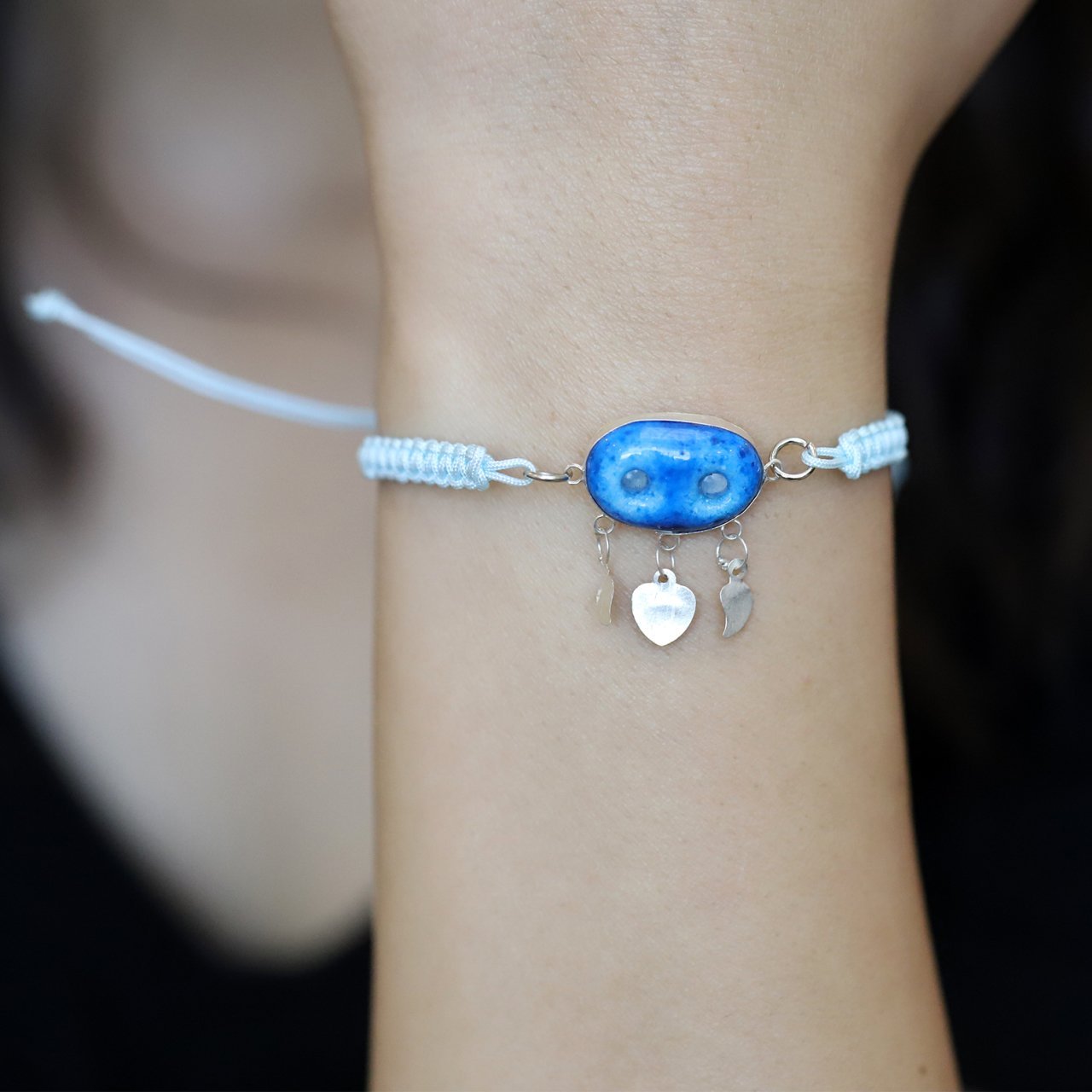 Açık Mavi Kordonlu 925 Ayar Gümüş Süryani Nazar Boncuğu Bileklik