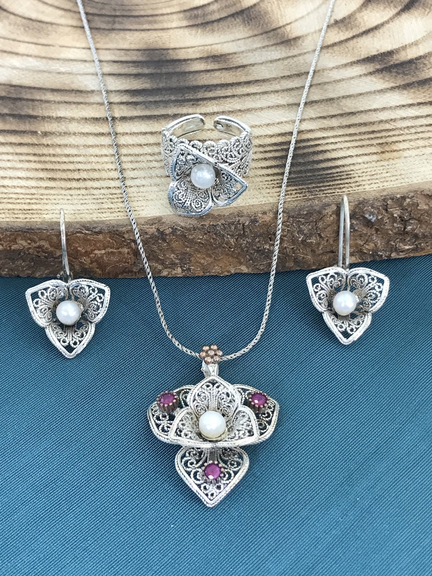 925 Ayar Gümüş Telkâri İşçilikli Bayan Üçlü Set