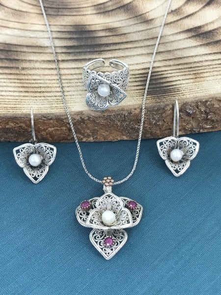 925 Ayar Gümüş Telkâri İşçilikli Bayan Üçlü Set