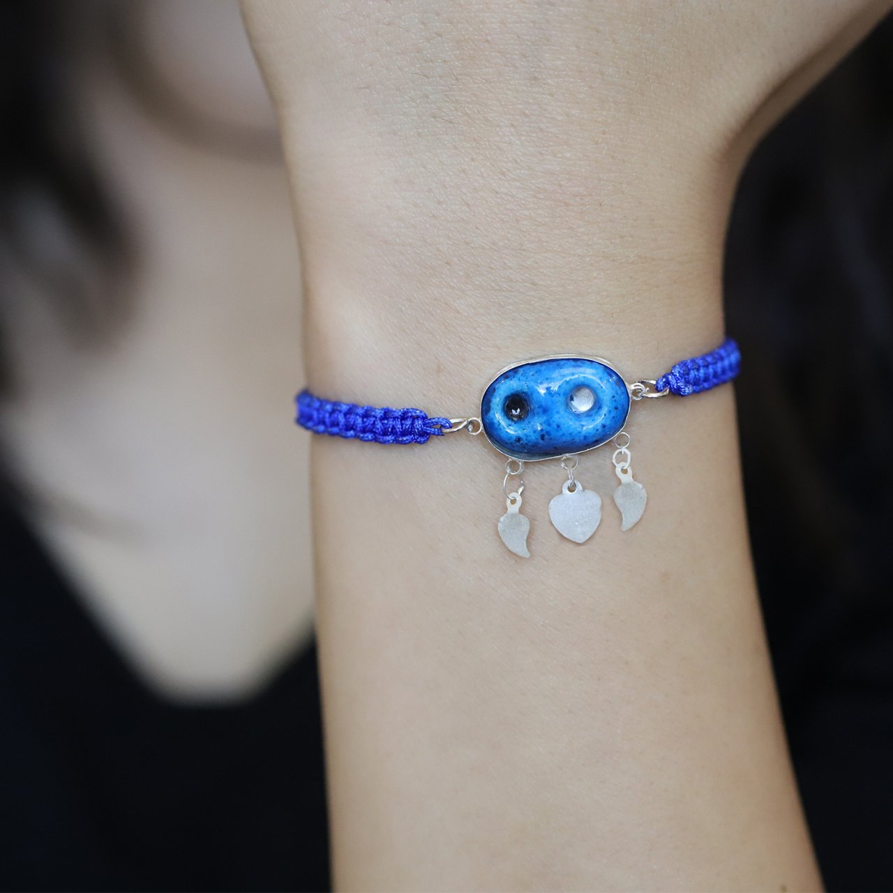 Mavi Kordonlu 925 Ayar Gümüş Süryani Nazar Boncuğu Bileklik