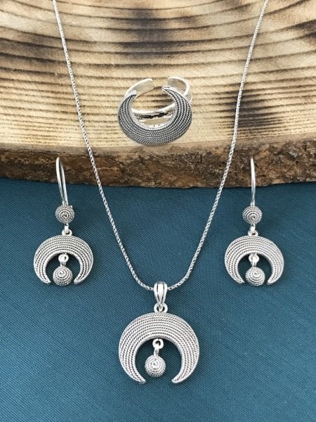 925 Ayar Gümüş Telkâri İşçilikli Hilal Model Üçlü Set