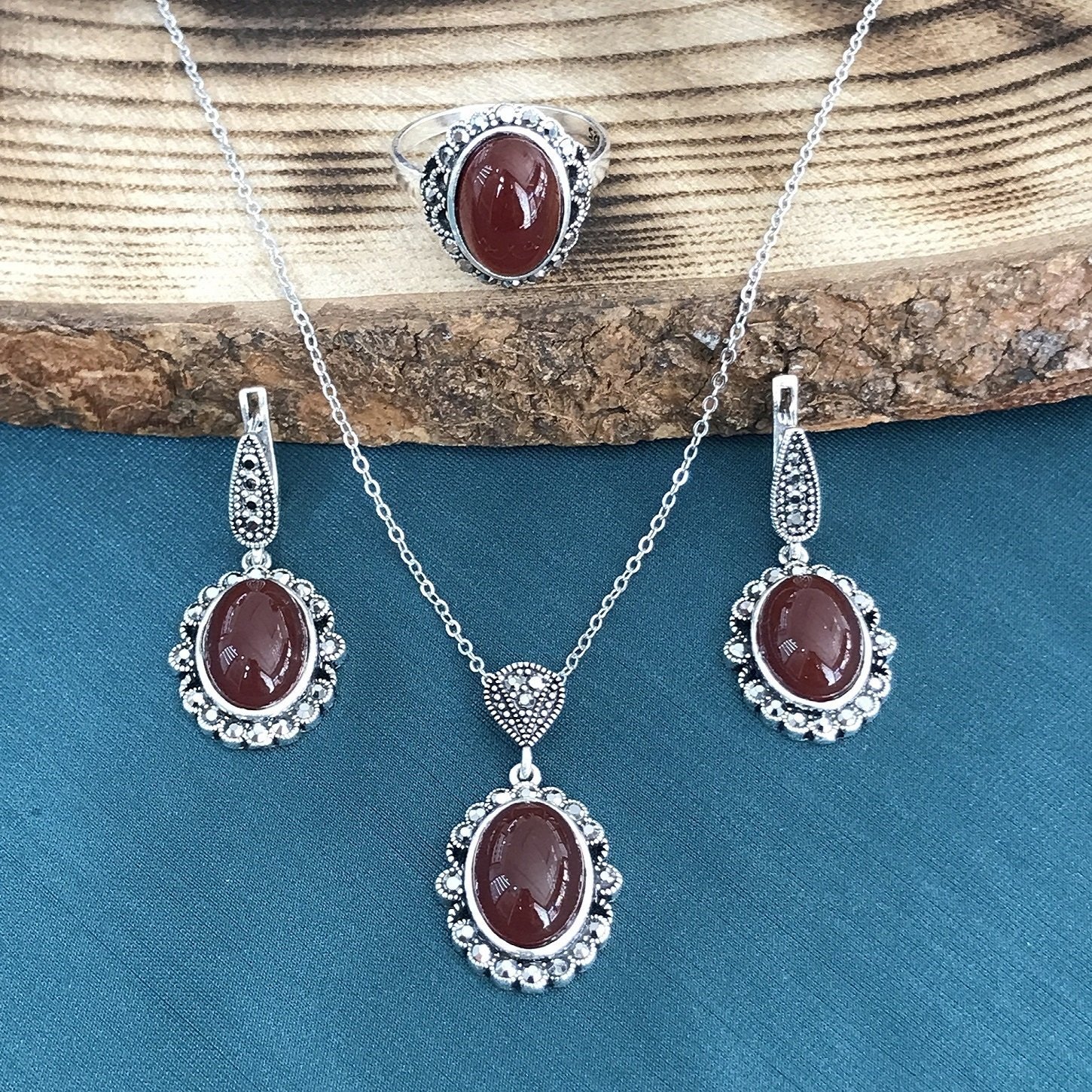 925 Ayar Gümüş Akik Taşlı Bayan Üçlü Set