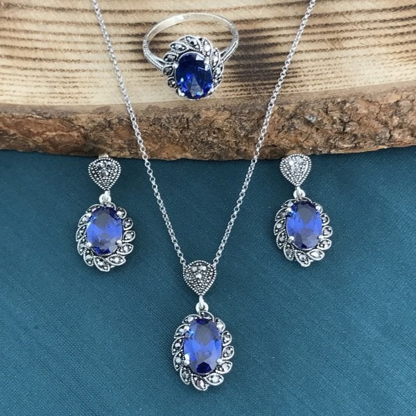 925 Ayar Gümüş Safir Taşlı Bayan Üçlü Set