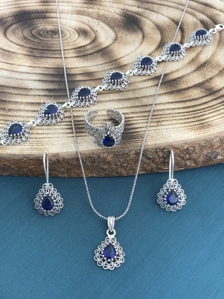 925 Ayar Gümüş Telkâri İşçilikli Safir Taşlı Dörtlü Set
