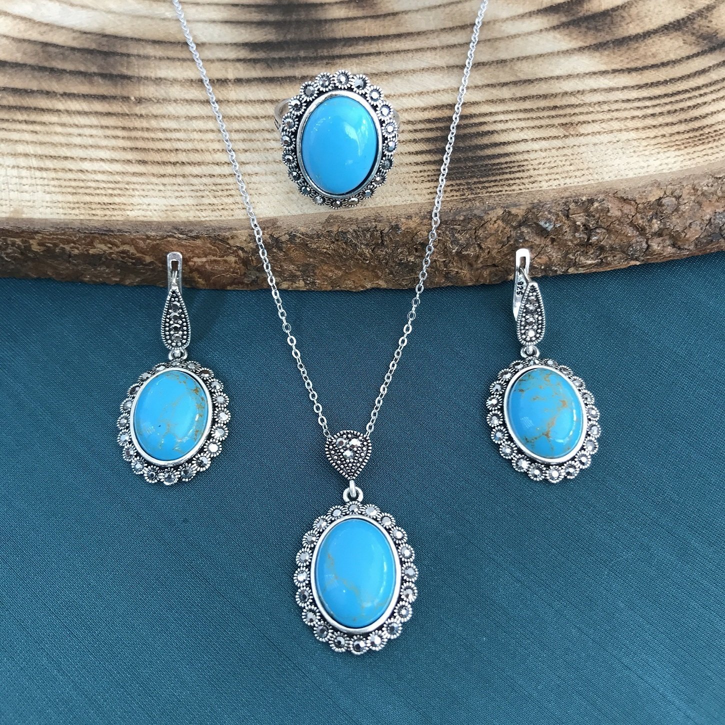 925 Ayar Gümüş Firuze Taşlı Bayan Üçlü Set