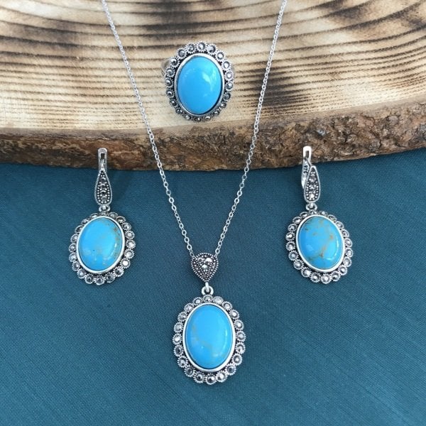 925 Ayar Gümüş Firuze Taşlı Bayan Üçlü Set