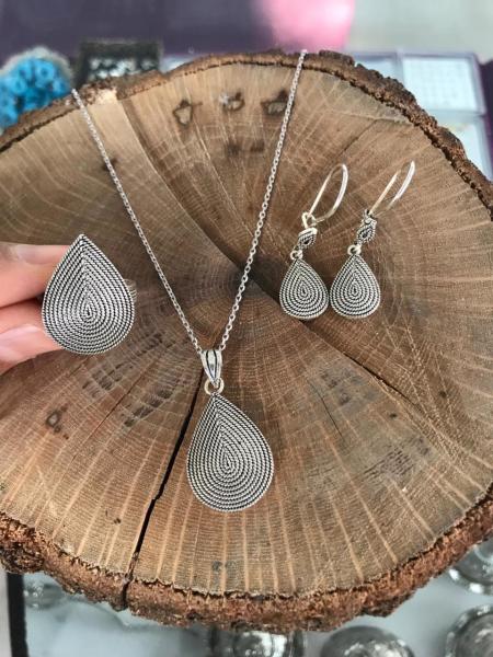 Oksitli Telkari Damla Model 925 Ayar Gümüş Bayan Üçlü Set