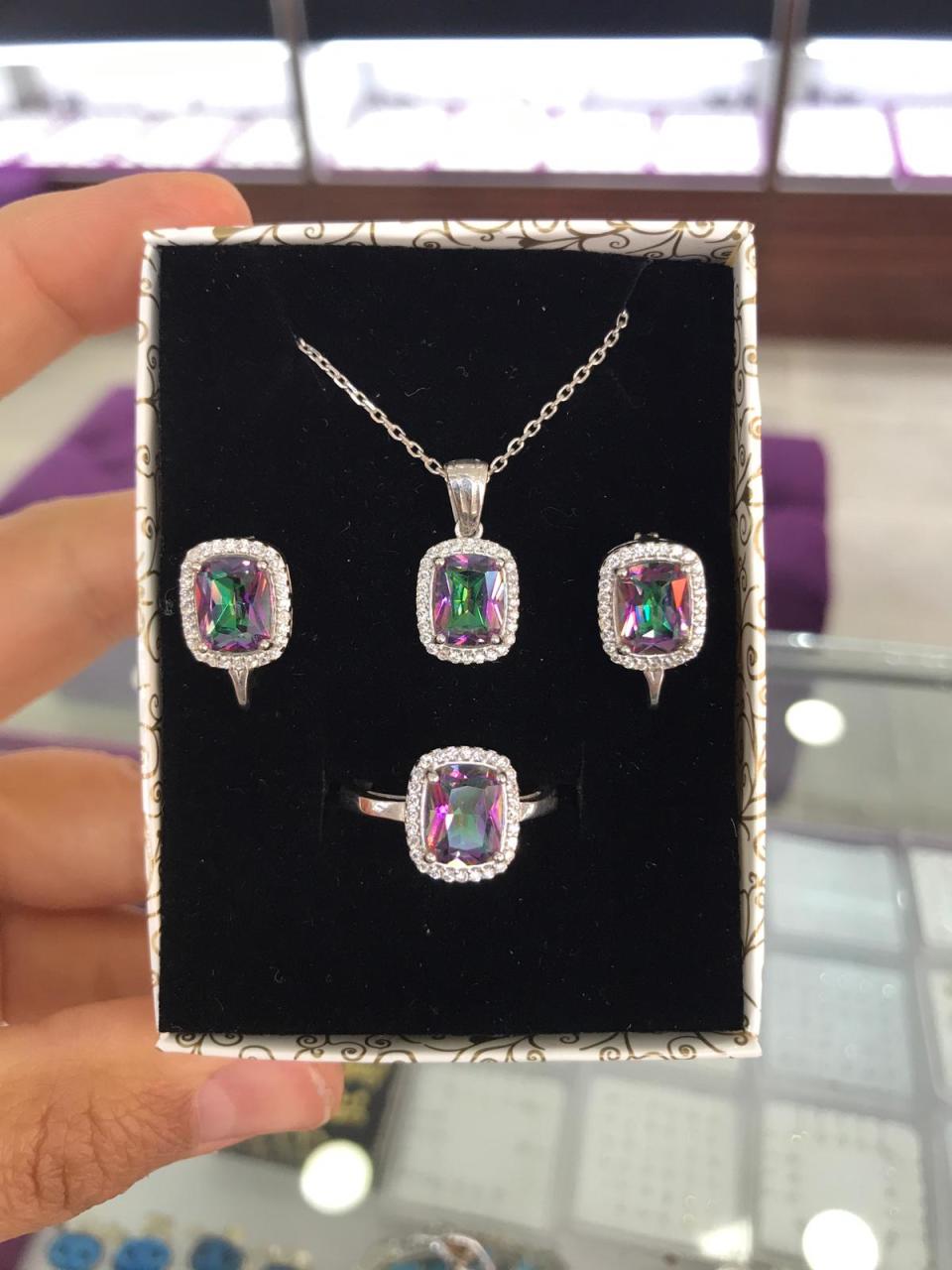 Mistik Topaz Taşlı Baget Model 925 Ayar Gümüş Bayan Üçlü Set