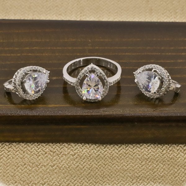 Damla Model Zirkon Taşlı 925 Ayar Gümüş İkili Set