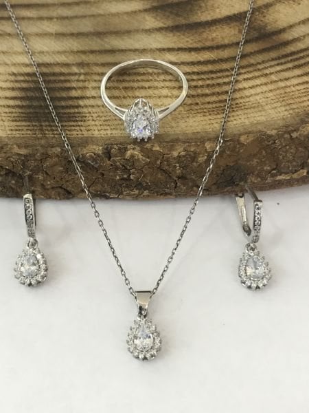 Zirkon Taşlı Damla Model 925 Ayar Saf Gümüş Üçlü Bayan Takı Seti