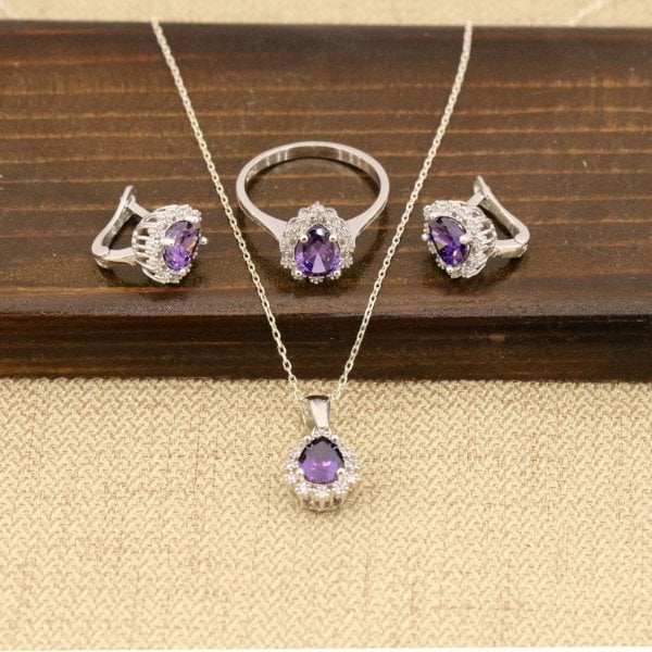 Zirkon Taşlı Damla Model 925 Ayar Gümüş Üçlü Set