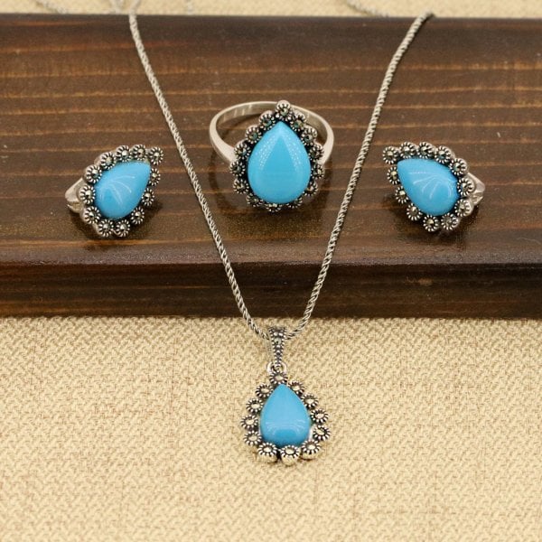 Firuze Taşlı Markazit İşlemeli 925 Ayar Gümüş Bayan Üçlü Set