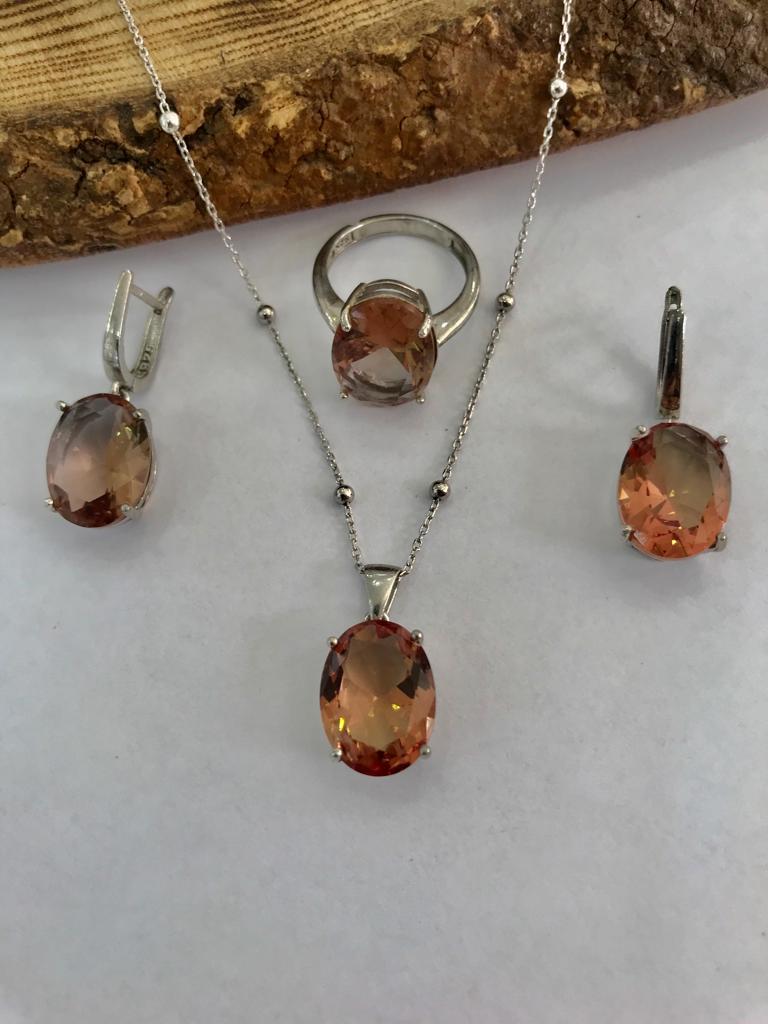 Sultanit Taşlı 925 Ayar Saf Gümüş Bayan Üçlü Set