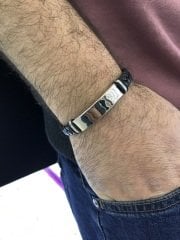 Deri Çelik Kombinli Örgü Model Kordonlu Üzerine İsim Yazılabilen Erkek Bileklik