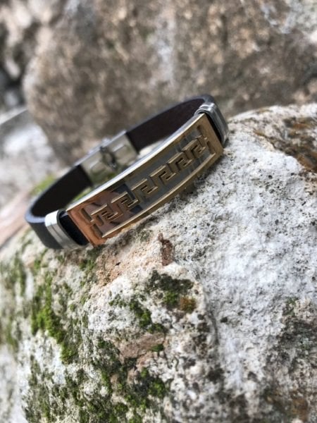 Üzeri Gold İşlemeli Versace Model Deri Çelik Kombinli Erkek Bileklik