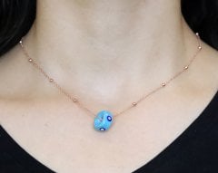 925 Ayar Gümüş Toptop Zincirli Rose Renk Gümüş İşlemeli Turkuaz Taşlı Kolye