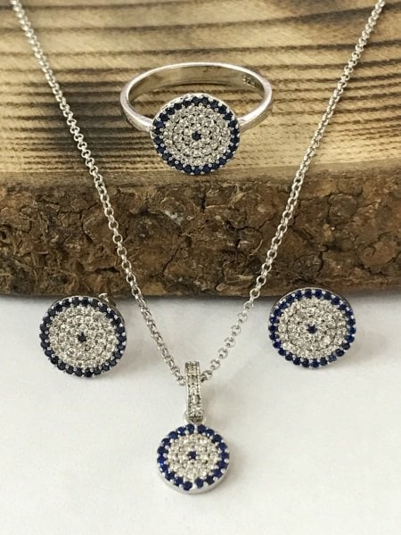 925 Ayar Gümüş Zirkon Taşlı Nazar Boncuğu Model Gümüş Üçlü Set