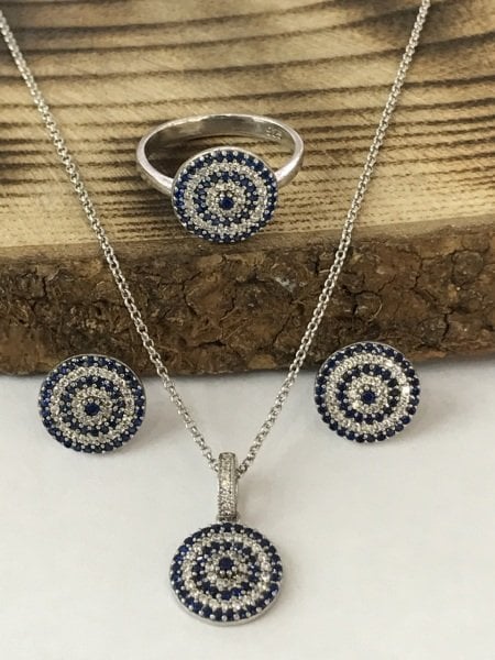 925 Ayar Gümüş Nazar Boncuğu Model Gümüş Üçlü Set
