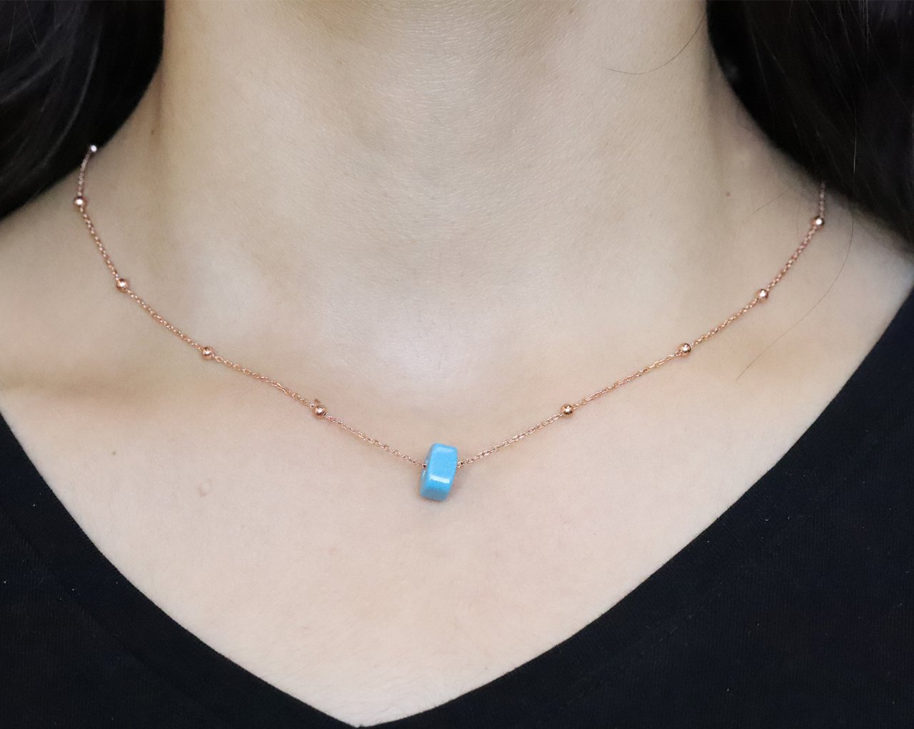 925 Ayar Gümüş Toptop Zincirli Rose Renk Minik Turkuaz Taşlı Kolye
