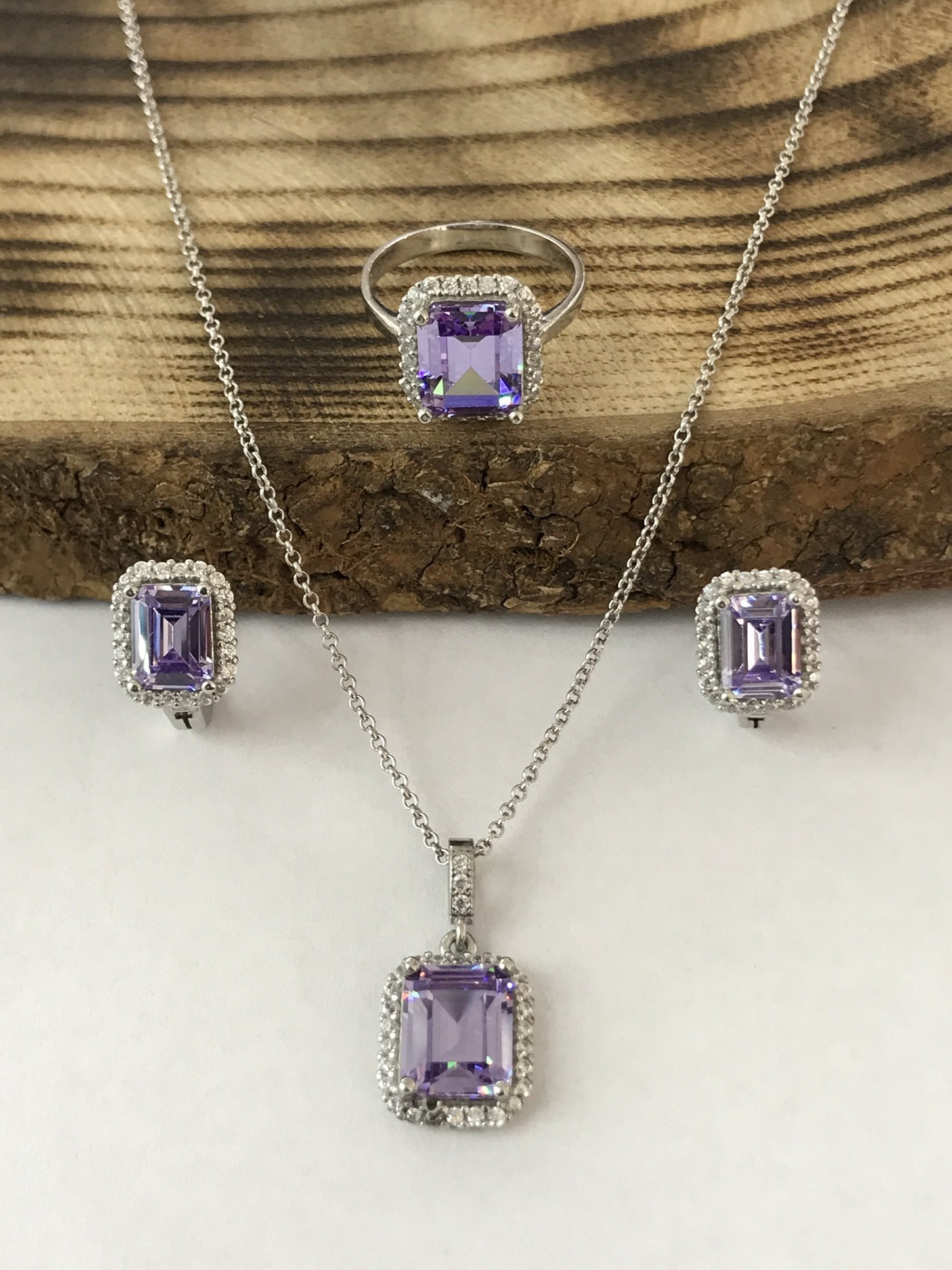 Sultan Telkari 925 Ayar Gümüş Ametist Taşlı Üçlü Set