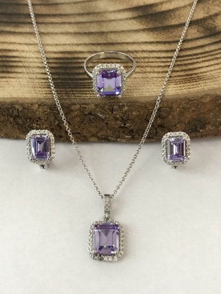 Sultan Telkari 925 Ayar Gümüş Ametist Taşlı Üçlü Set