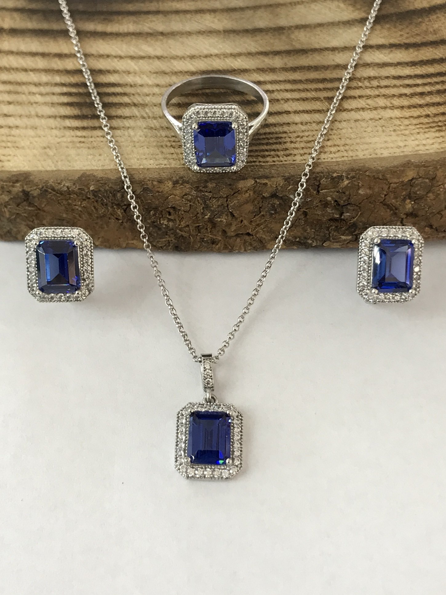 Sultan Telkari 925 Ayar Gümüş Safir Taşlı Üçlü Set