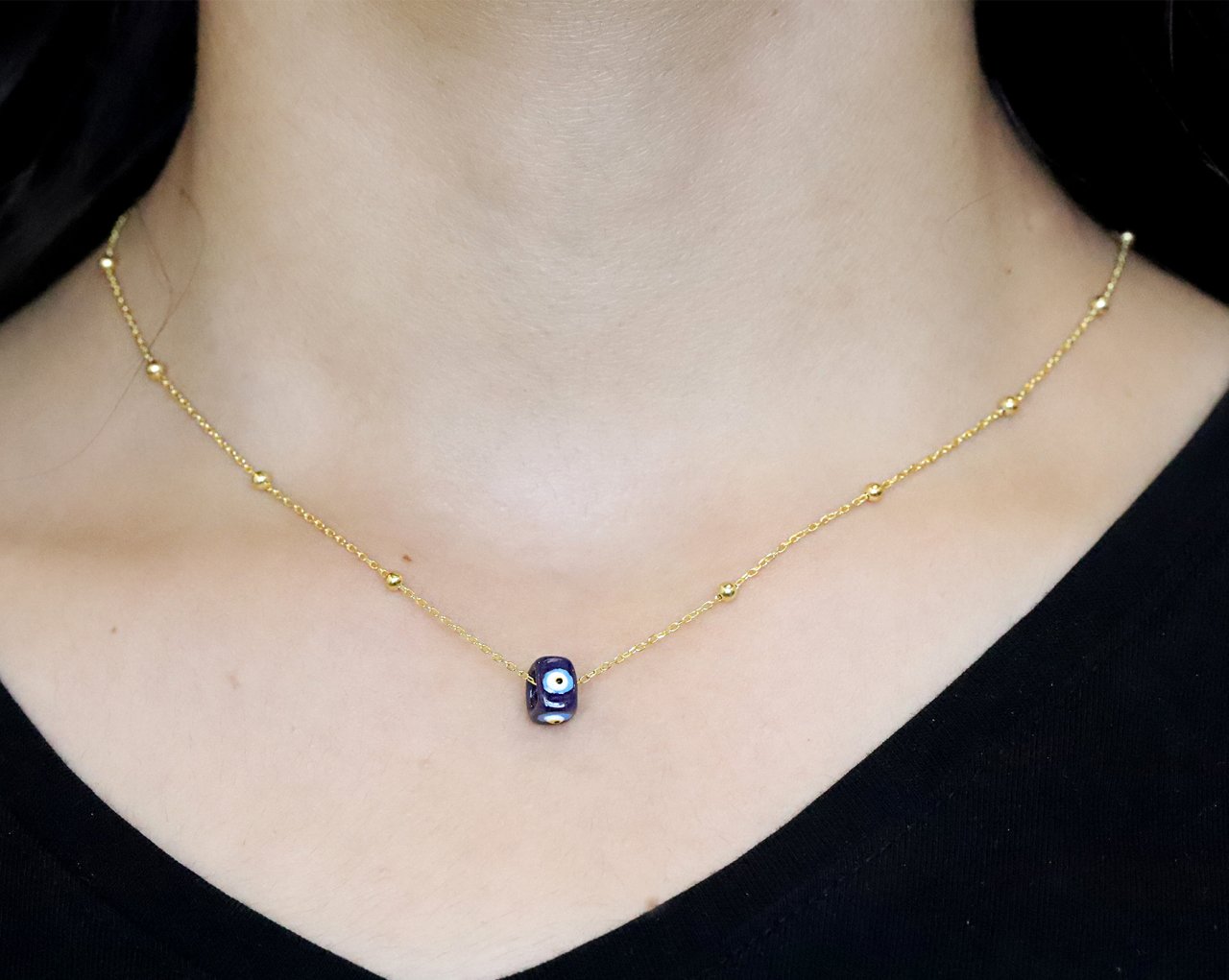 925 Ayar Gümüş Gold Renk Toptop Zincirli Minik Turkuaz Taşlı Kolye