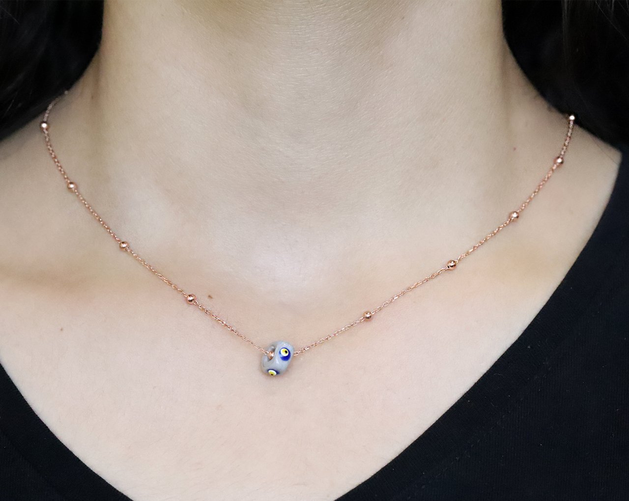 925 Ayar Gümüş Rose Renk Toptop Zincirli Minik Turkuaz Taşlı Kolye