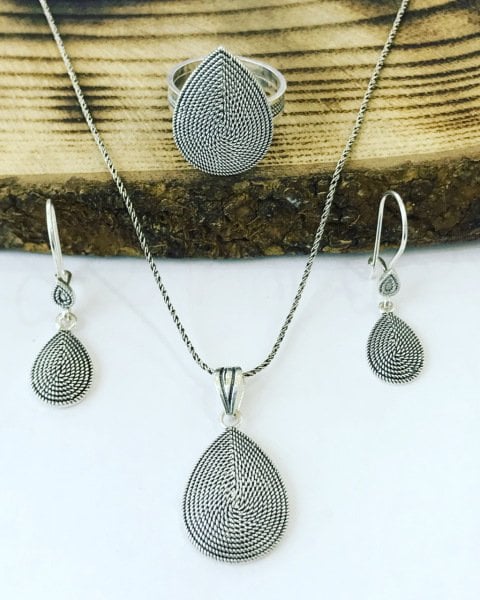 Sultan Telkari 925 Ayar Gümüş Damla Model Telkari Üçlü Set