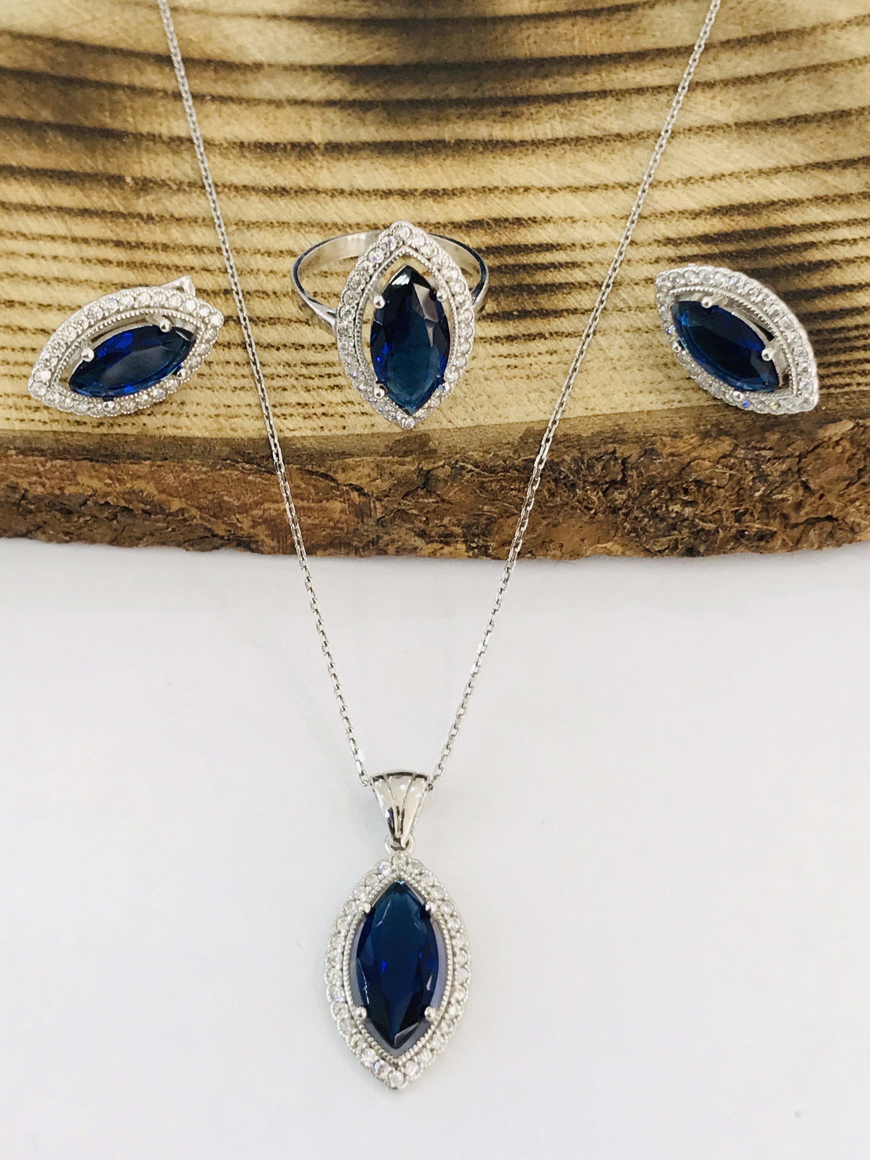 Sultan Telkari 925 Ayar Gümüş Safir Taşlı Üçlü Set