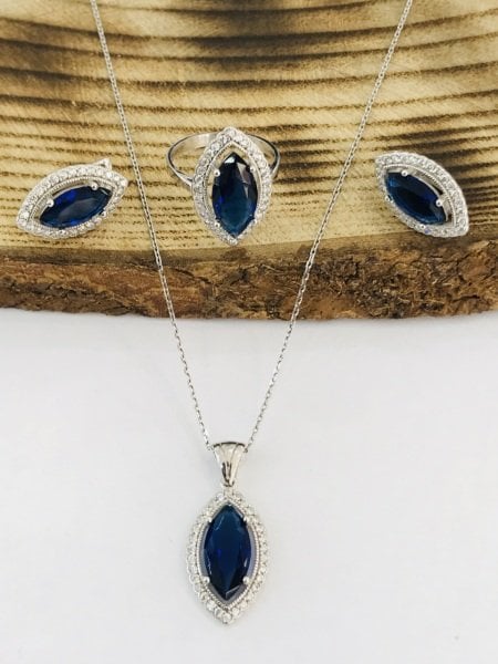Sultan Telkari 925 Ayar Gümüş Safir Taşlı Üçlü Set