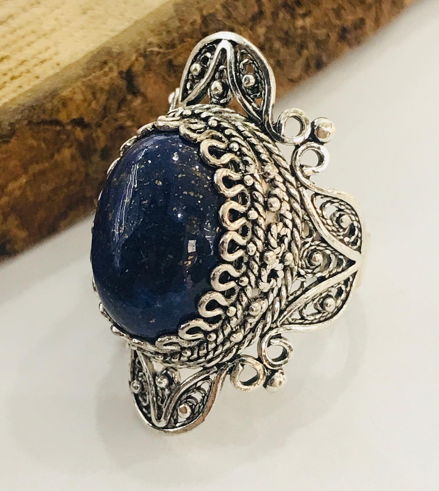 Sultan Telkari 925 Ayar Gümüş Doğal Lapis Taşlı Telkari Model Bayan Yüzük