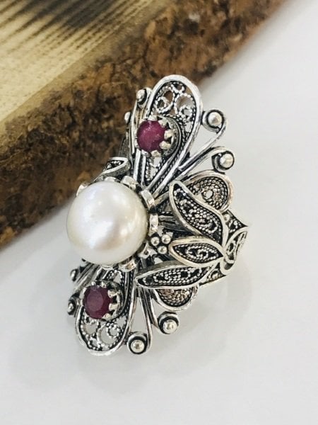 Sultan Telkari 925 Ayar Gümüş Doğal İncili Telkari Model Bayan Yüzük