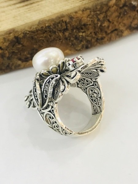 Sultan Telkari 925 Ayar Gümüş Doğal İncili Telkari Model Bayan Yüzük
