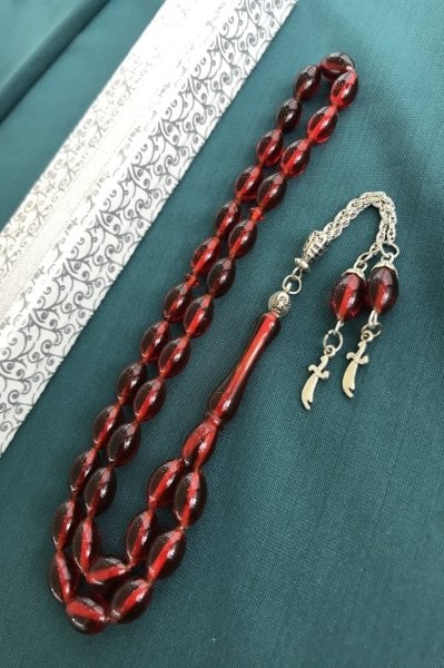 Kırmızı Tonda Yoğun Hareli Toz Kehribar Tesbih